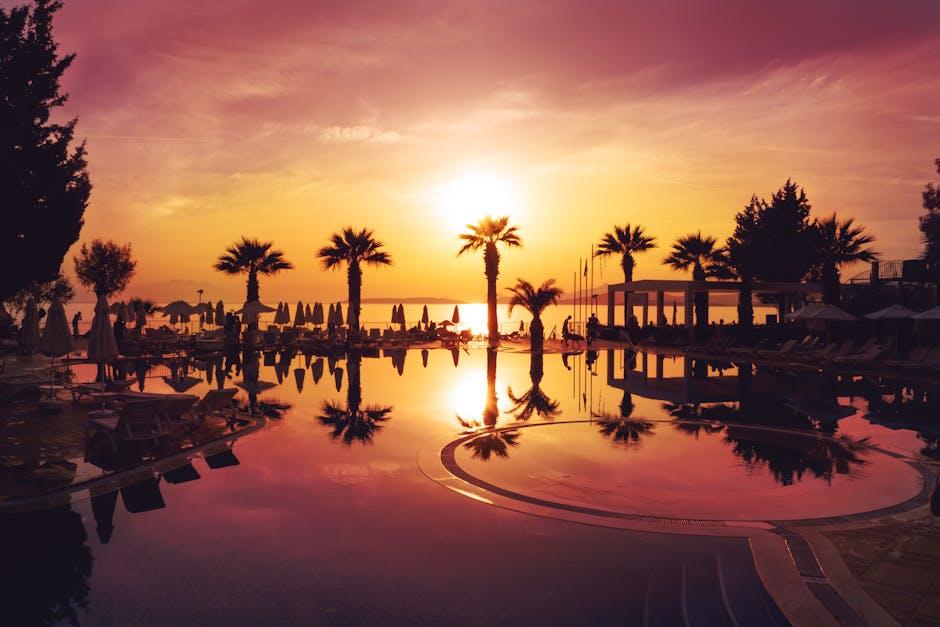 Idyllic sunset view over a tranquil pool with palm trees in Bodrum, enhancing a serene vacation vibe.