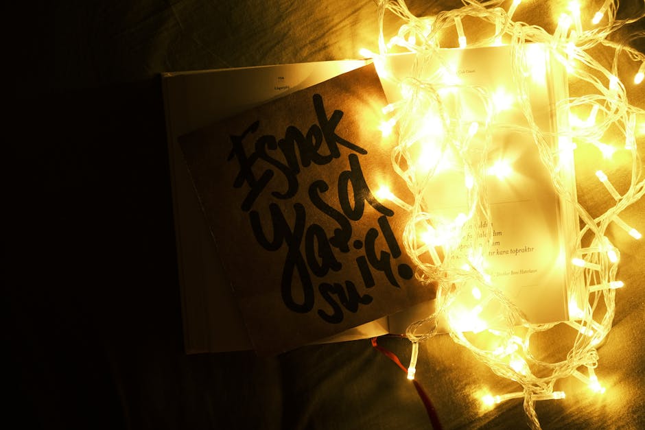 A book surrounded by glowing warm white fairy lights, creating a cozy decoration.
