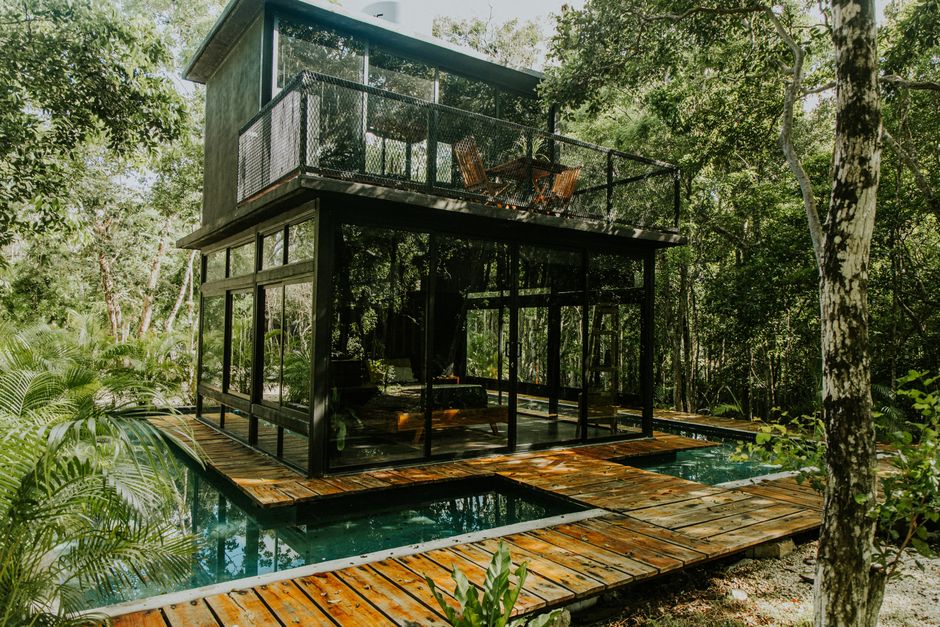 Contemporary glass cabin in a tropical forest, featuring a wooden deck and tranquil surroundings.
