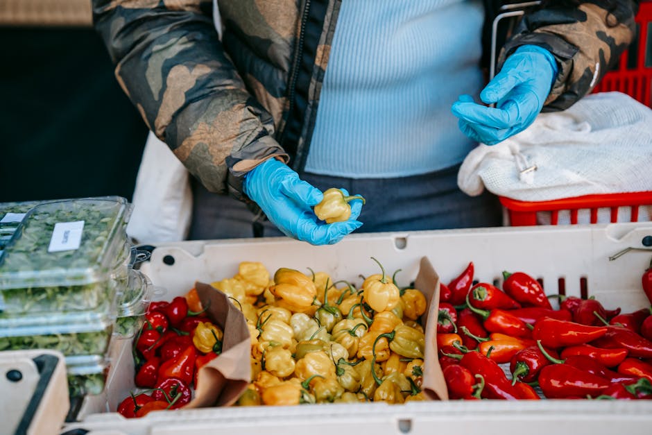 Crop anonymous person in latex gloves carrying market basket and choosing ripe yellow and red capsicums in vegetable supermarket