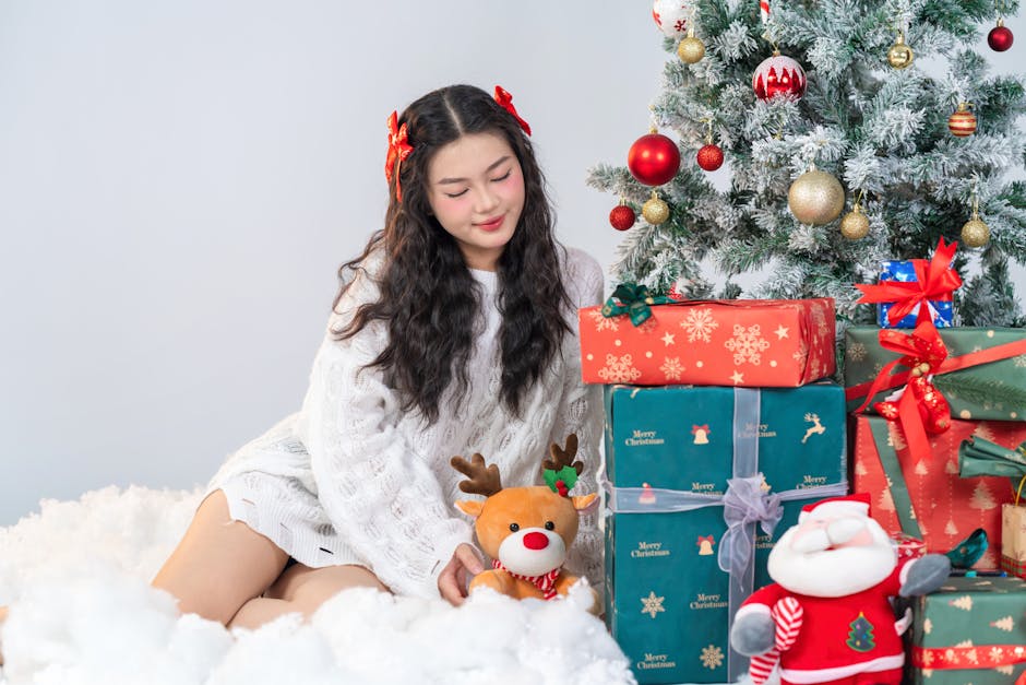 Young woman with holiday gifts and Christmas tree, embracing festive spirit.