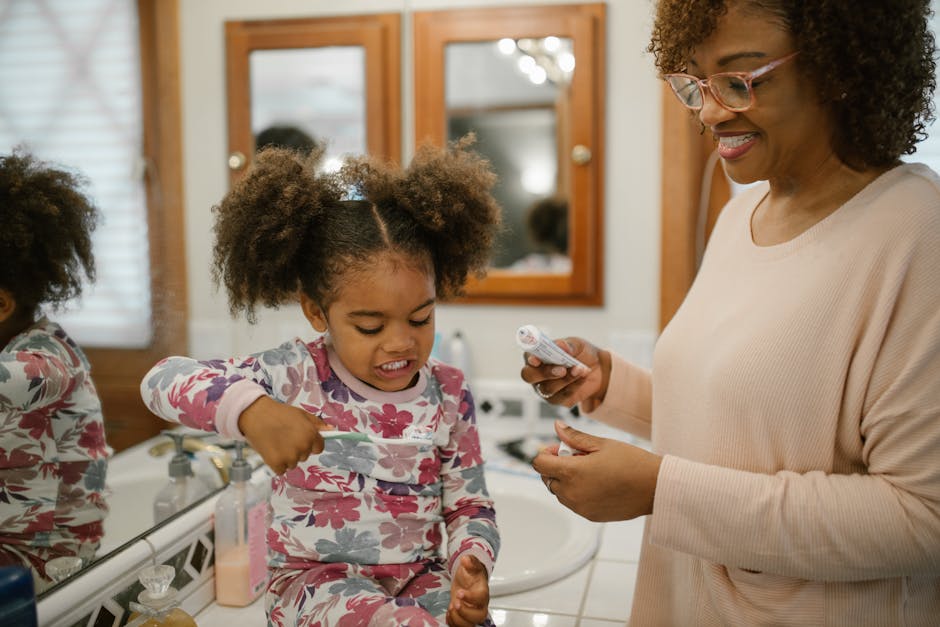 A cheerful morning routine with a mother and daughter in the bathroom.