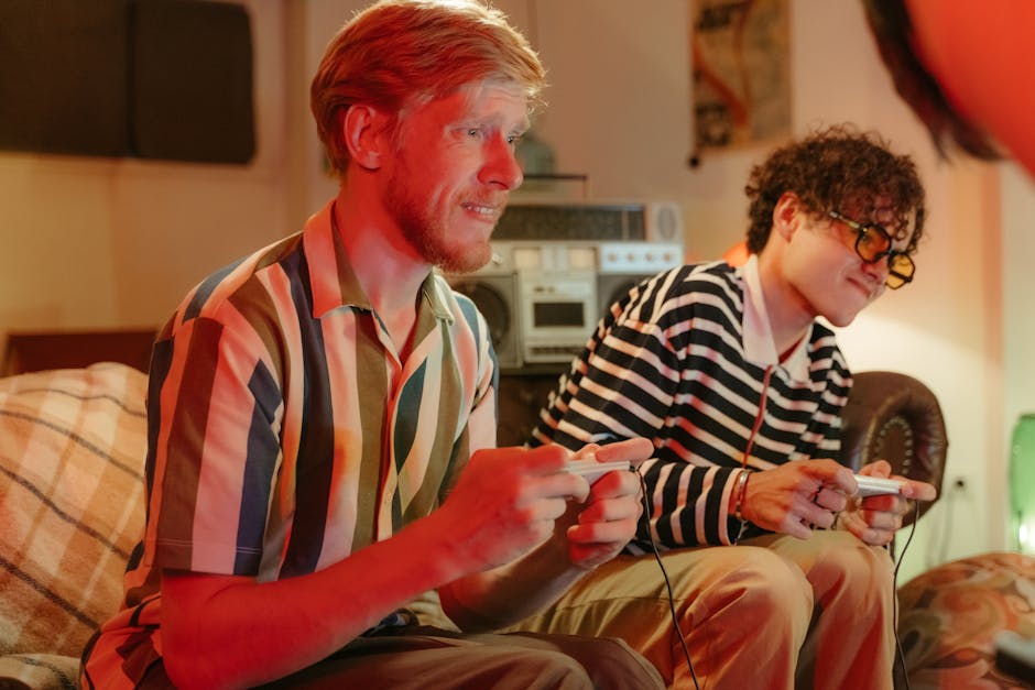 Two young adults enjoying a video game in a cozy living room setting, capturing friendship and leisure time.