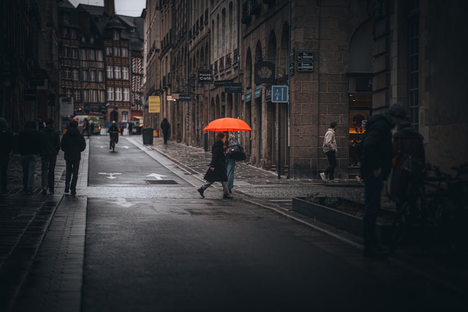 Urban street scene featuring people in coats and an orange umbrella against classic architecture on a rainy day.